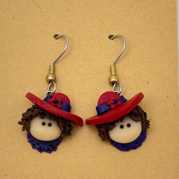Red Hat Society Dangle Earrings Vintage Lady Head Polymer Clay - Picture 5 of 6